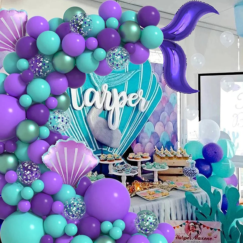 140Pcs Purple Mermaid Theme Shell Balloon Arch Kids Girl Birthday Decoration Baby Shower Under The Sea Mermaid - Cute As A Button Boutique