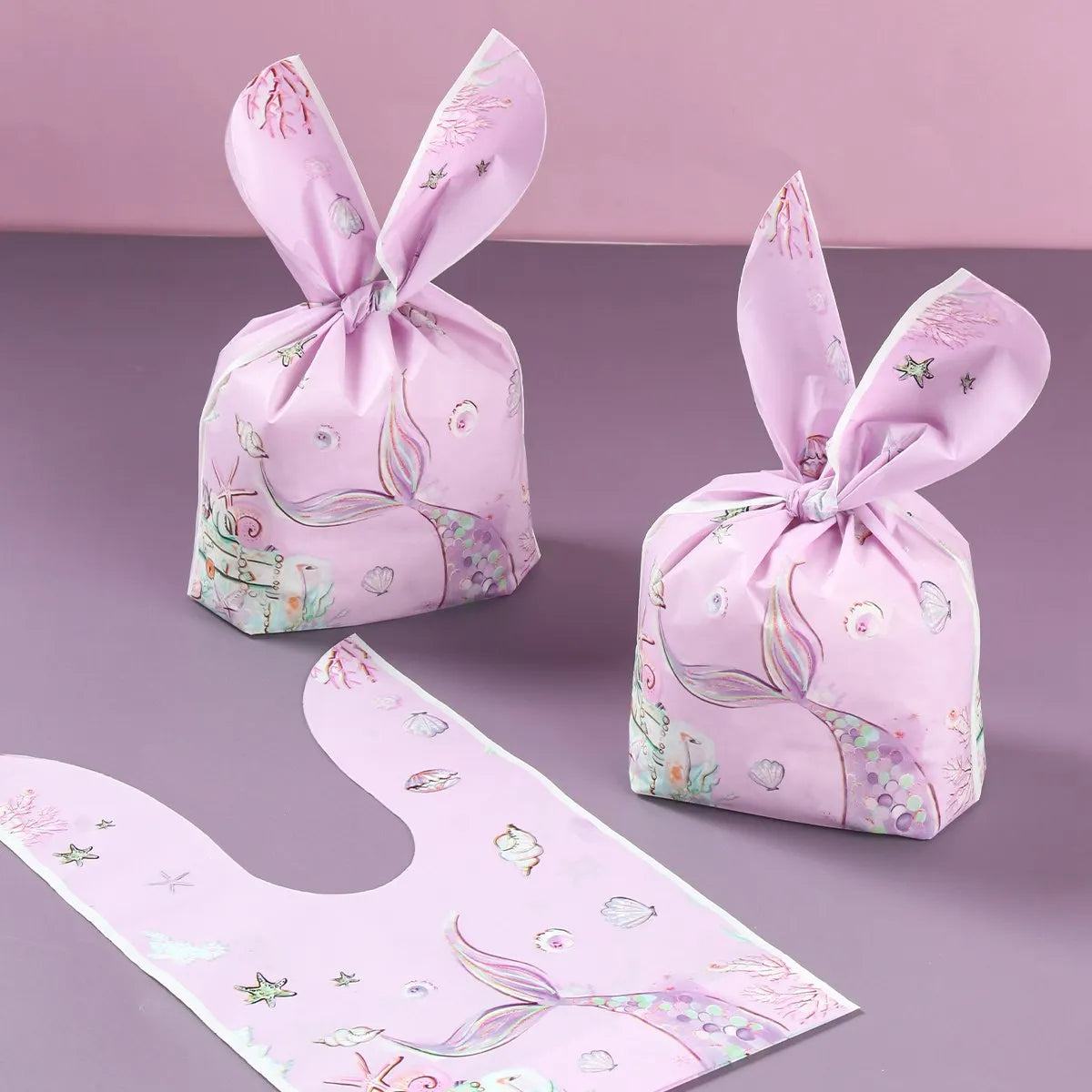 50pcs Rabbit Ear Bags Carton Plastic Cookie Candy Bags for Easter Party Baking Snack