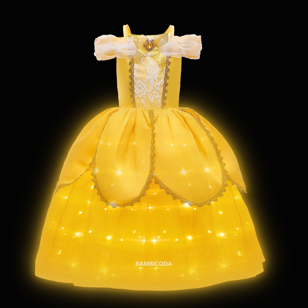 Girl Belle Dress Up Children Party Princess Costume LED Light Kids Beauty and The Beast Halloween Carnival Outfit - Cute As A Button Boutique