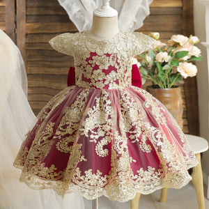 Toddler Burgundy Christmas Dress Baby Girl First Birthday Embroidery Flower Tutu Gown - Cute As A Button Boutique