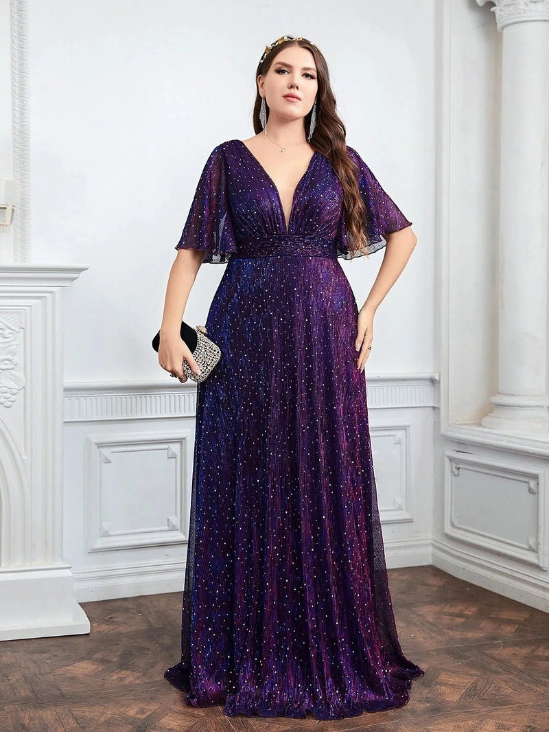 Plus Size Plunging Neck Butterfly Sleeve Glitter evning prom gown