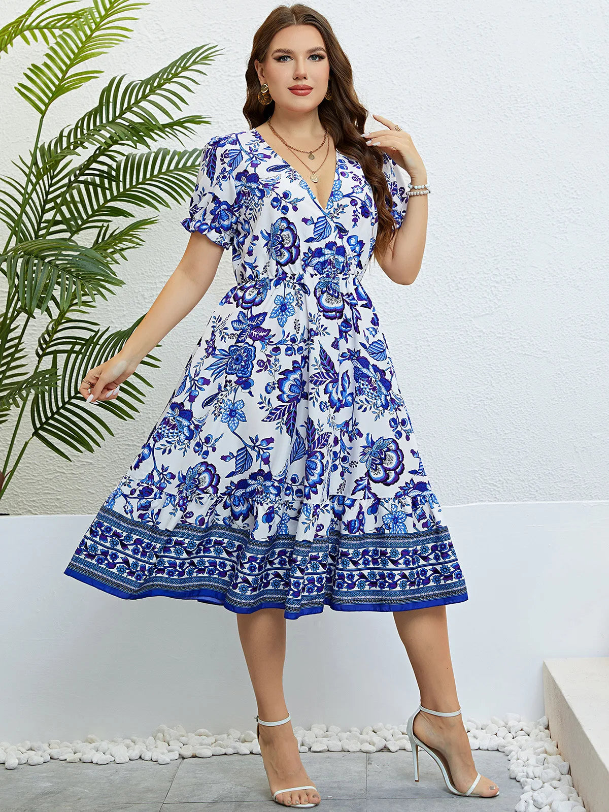 Plus Size Women Flower Print V-Neck A-Line Dresses  Casual