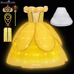 Girl Belle Dress Up Children Party Princess Costume LED Light Kids Beauty and The Beast Halloween Carnival Outfit - Cute As A Button Boutique