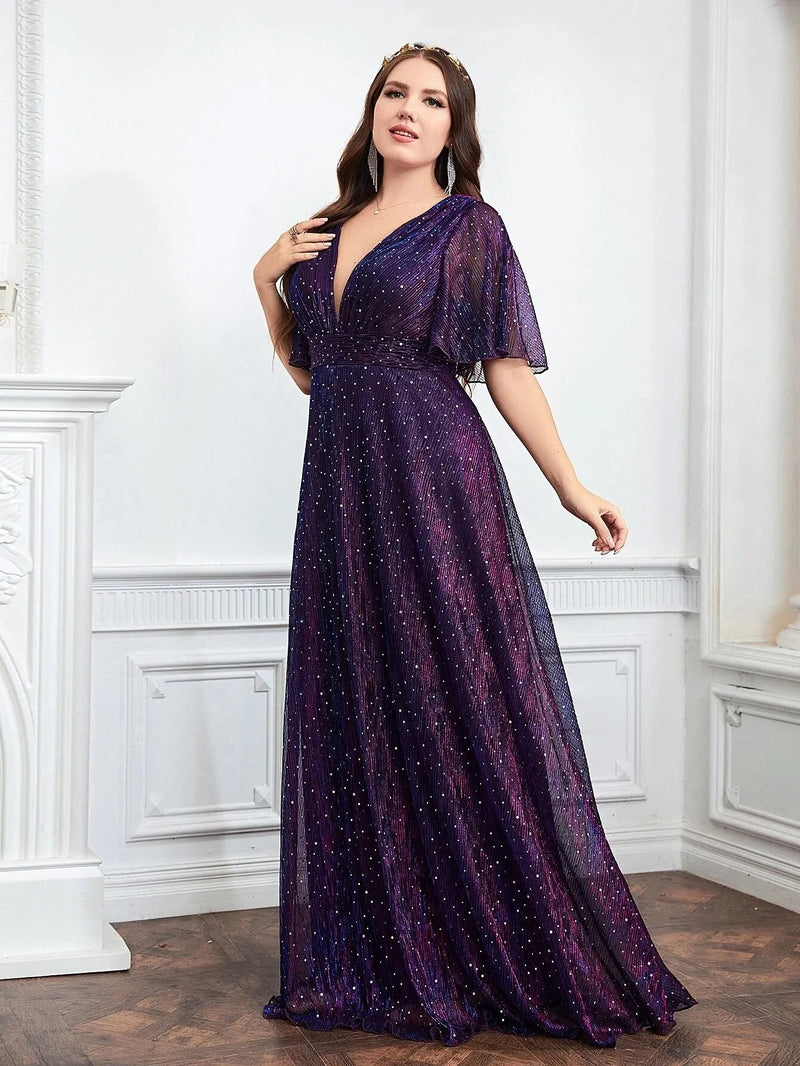 Plus Size Plunging Neck Butterfly Sleeve Glitter evning prom gown