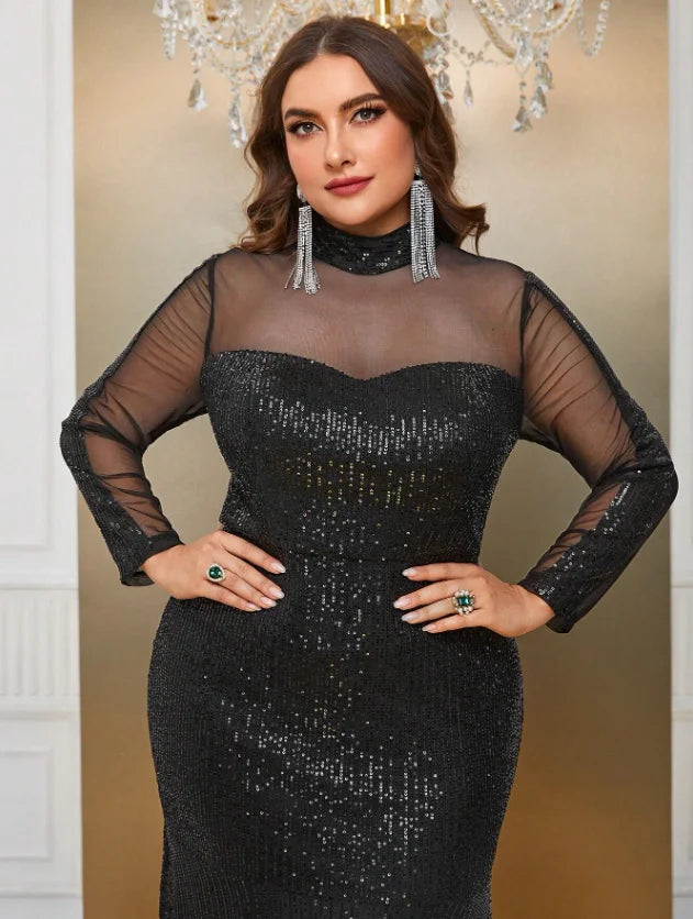 Plus Size Women Sequins Lace Splicing Black Elegant Evening Dresses Long Sleeve