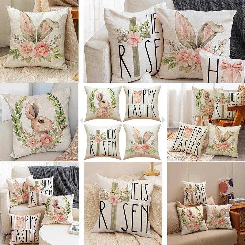 Easter Decorations For Home Happy Easter Pillowcase Rabbit Flower Pillow Case Sofa Cushion Cover 45*45CM