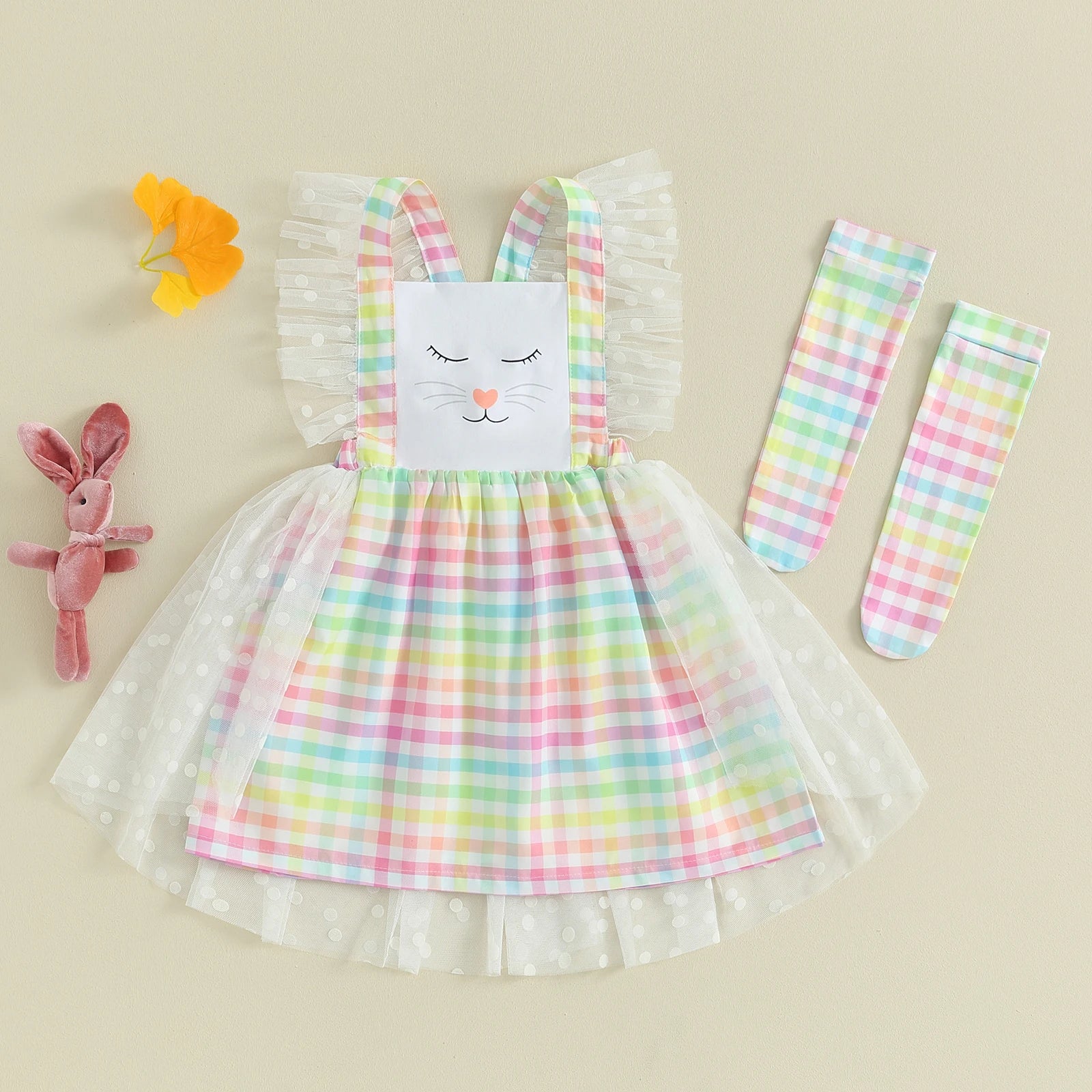 1-5Y Toddler Kids Girls Easter Dress Ruffles Rabbit Plaid Tulle Dress+Socks