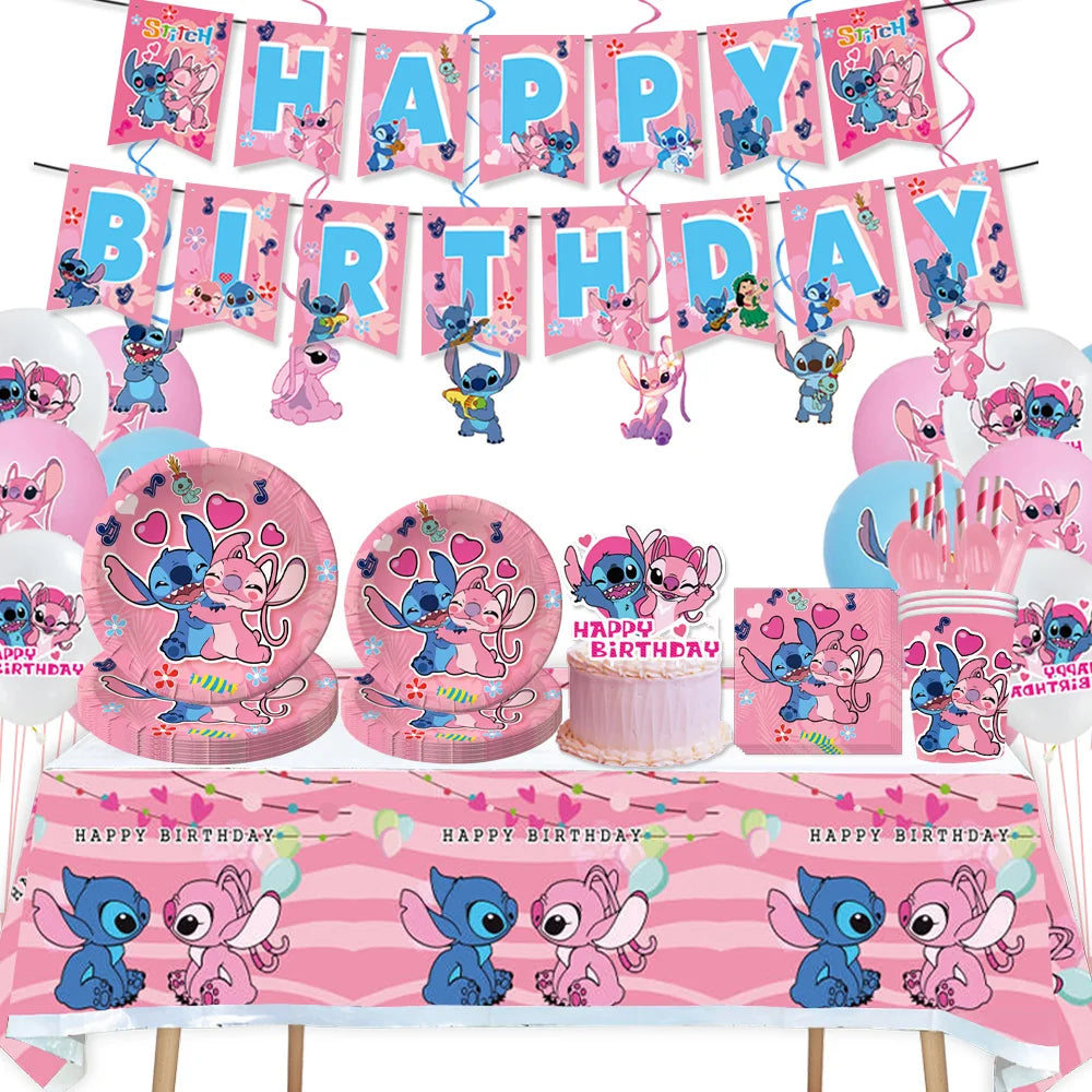 Disney Stitch Party Supplies Paper Napkins Tablecloth Plate Balloon Pink Angel Theme Girls Birthday Party Decoration - Cute As A Button Boutique