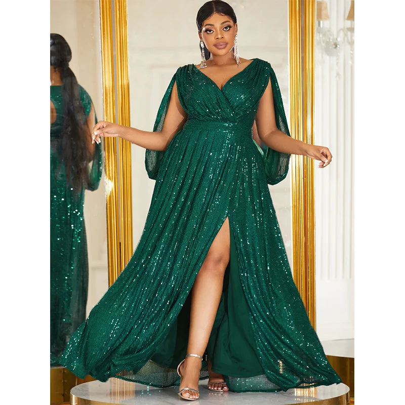 Plus Size V-Neck Black Dark Green Shiny Sequined Long Evening prom Dress