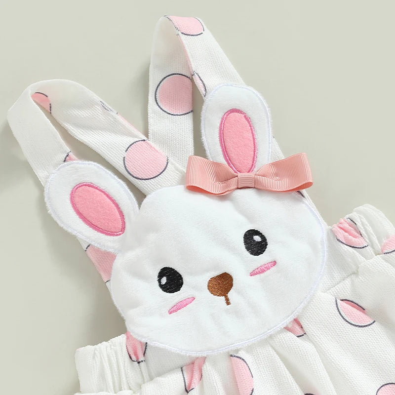 Easter Infant Baby Girls Jumpsuits Set Ruffle Long Sleeves Romper and Cartoon Bunny Suspender Skirt Headband 3pcs Outfit