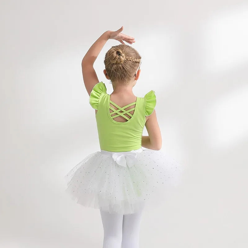 Sparkle Ballet Tutu Skirt Gymnastics Mesh Girl Leotard Flutter Short Sleeve Ballerina Dress - Cute As A Button Boutique