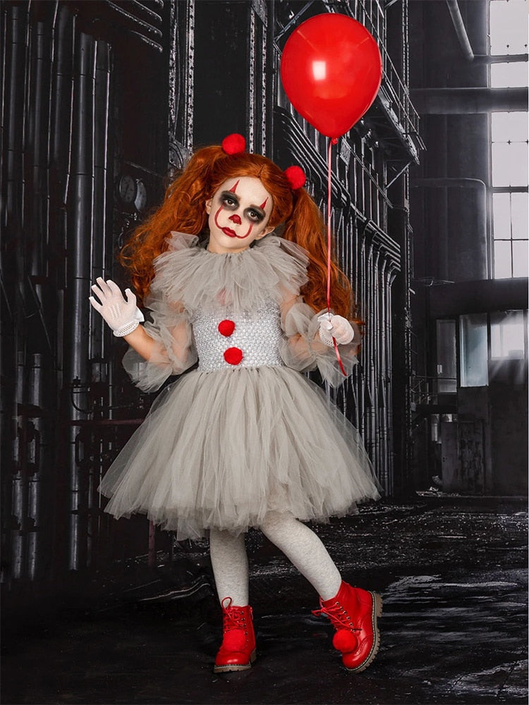 Halloween Scary Clown Costume For Kids Gray Girls Tutu Dress - Cute As A Button Boutique