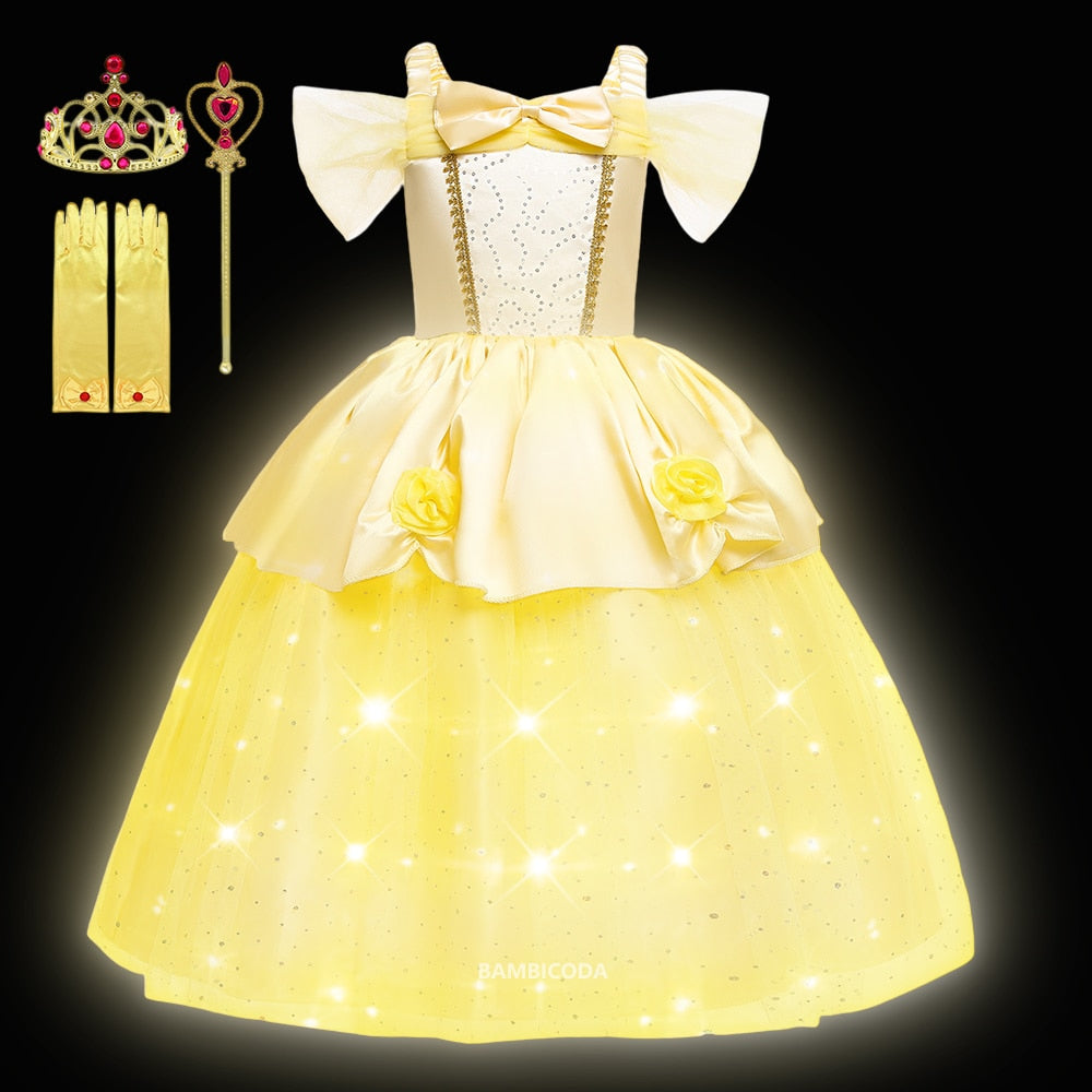 Girl Belle Dress Up Children Party Princess Costume LED Light Kids Beauty and The Beast Halloween Carnival Outfit - Cute As A Button Boutique