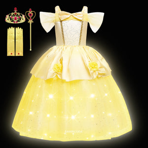 Girl Belle Dress Up Children Party Princess Costume LED Light Kids Beauty and The Beast Halloween Carnival Outfit - Cute As A Button Boutique