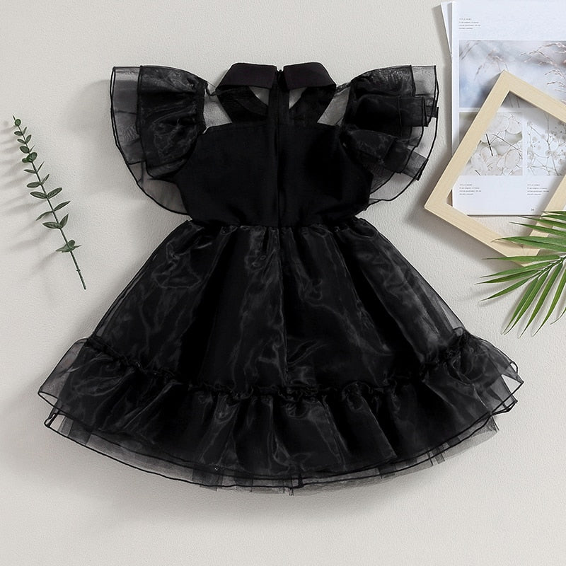 3-9Y Fashion Little Girls Halloween Party Dress Ruffles Sleeve Turn Down Collar Lace Mesh Tulle Dress - Cute As A Button Boutique