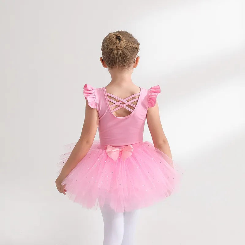 Sparkle Ballet Tutu Skirt Gymnastics Mesh Girl Leotard Flutter Short Sleeve Ballerina Dress - Cute As A Button Boutique