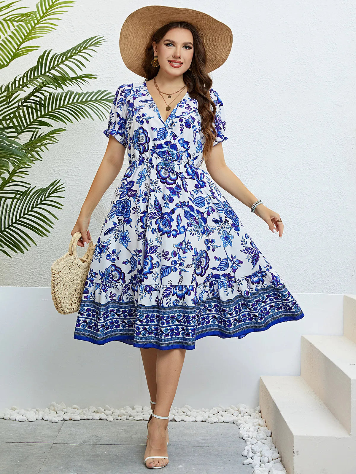 Plus Size Women Flower Print V-Neck A-Line Dresses  Casual