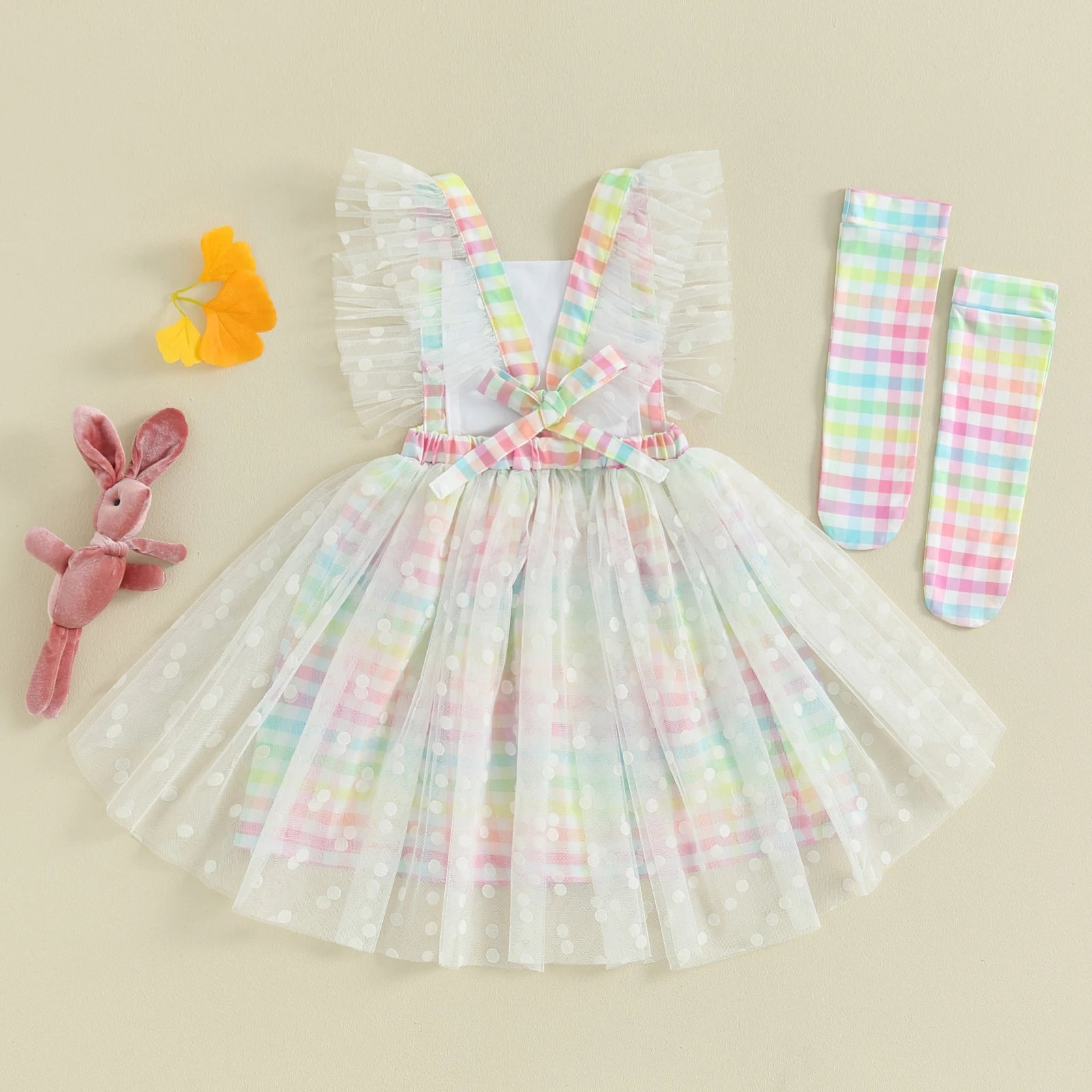 1-5Y Toddler Kids Girls Easter Dress Ruffles Rabbit Plaid Tulle Dress+Socks