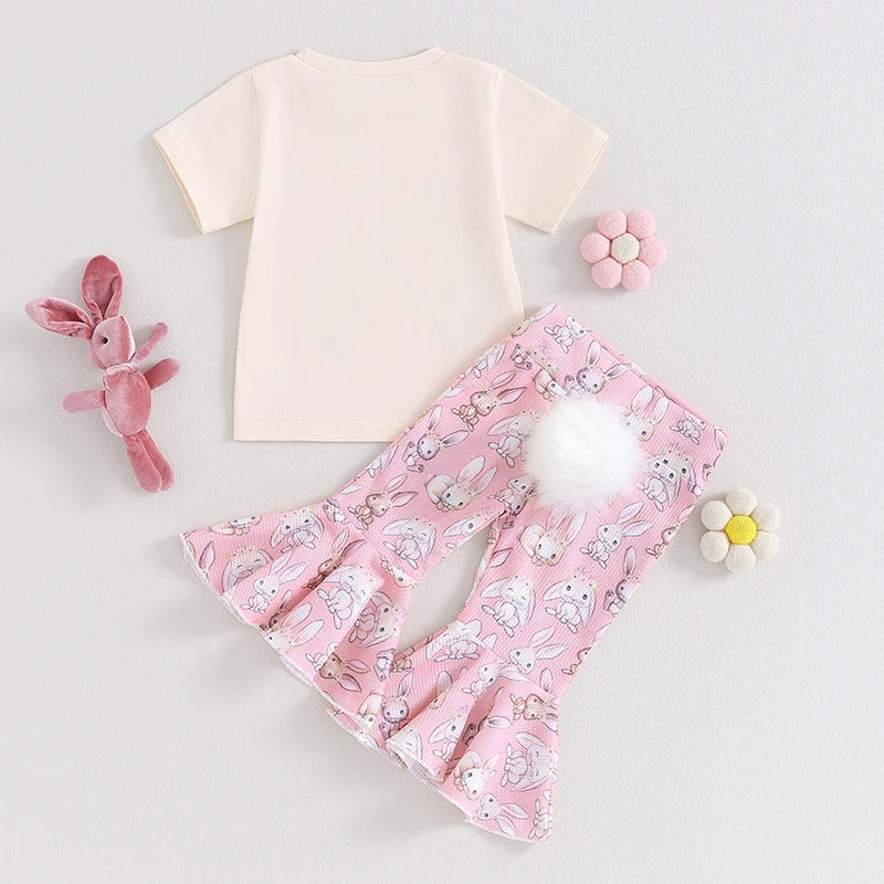 0-4Y Toddler Baby Girls Easter Clothes Sets Outfits Short Sleeve T-Shirt Bunny Flare Pants