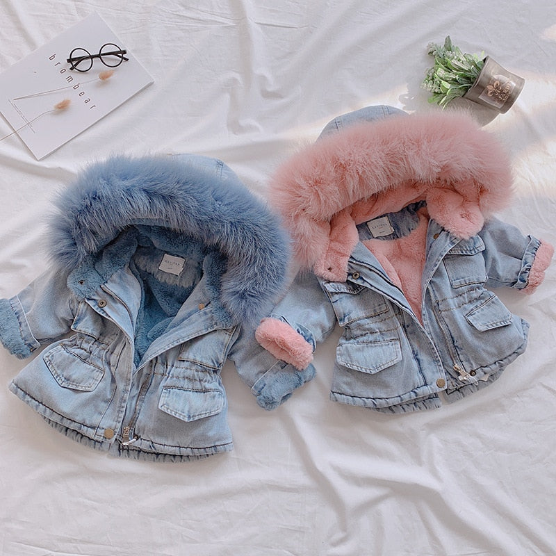 Baby Girls Coats Clothes 2023 Winter Denim Jackets With Fur Hooded Coats For Girls Children Jackets - Cute As A Button Boutique