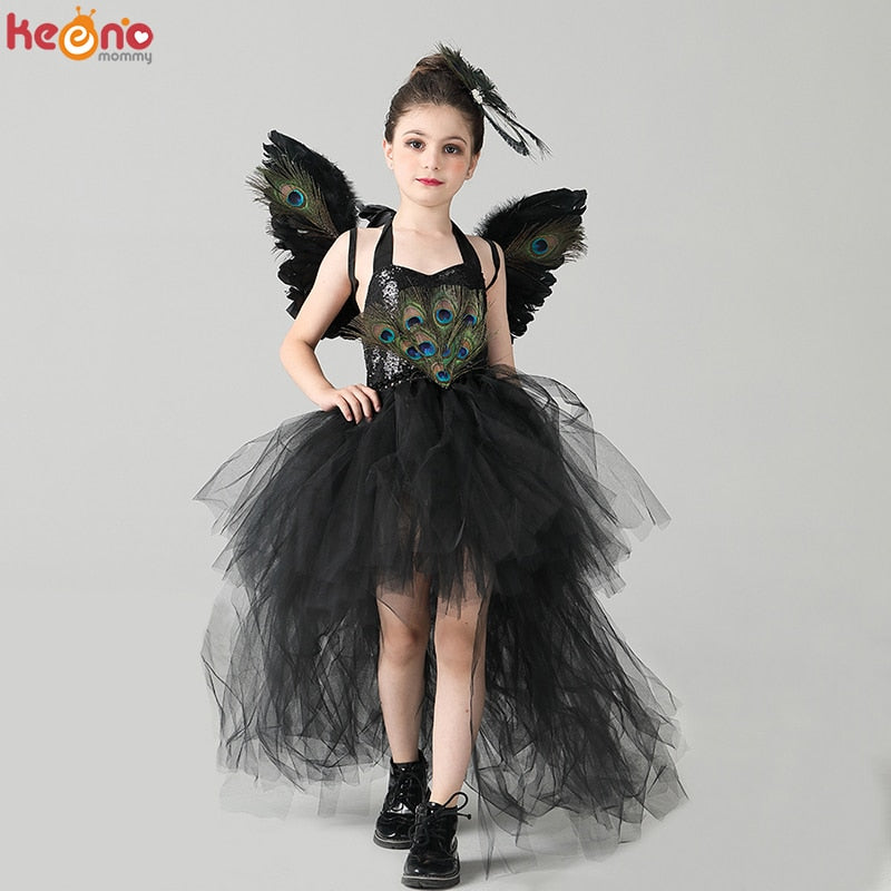 Fancy Peacock Feather Girl Tutu Dress with Wing Kids Deluxe Peacock Tutu Costume Halloween  Party - Cute As A Button Boutique