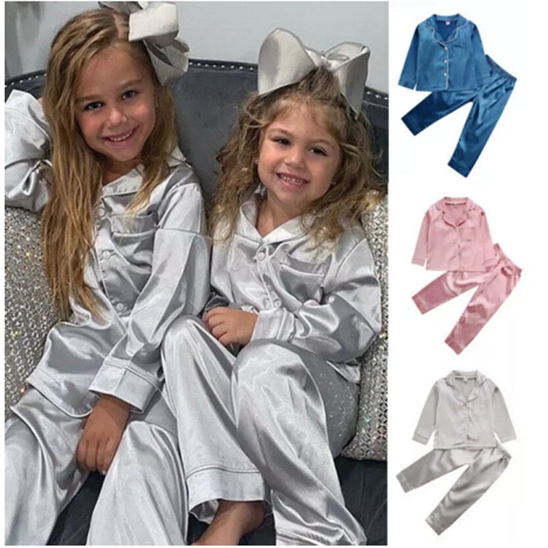 Silk Satin Top Pant 2pcs Infant Baby Girl Pajamas Long sleeve Pyjamas Satin Set  Nightgown Child Sleepwear - Cute As A Button Boutique