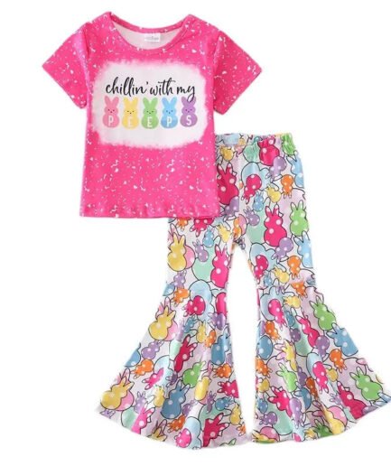 Easter girls Outfits boutique bunny short sleeve top bell-bottoms flare pants set