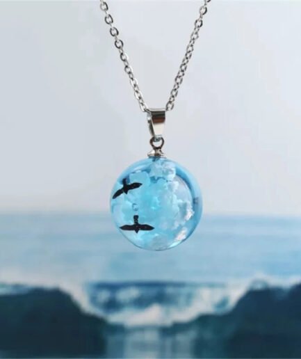For every necklace you buy, we plant a tree! Earth Necklace, Creative handmade jewelry, blue sky white clouds, transparent spherical resin pendant