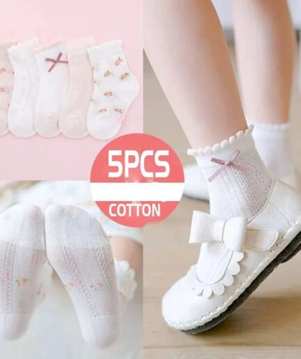 5 Pairs of Girls Socks Cotton Comfortable Hollow Lace Small Strawberry Flowers Cute Outfit Accessories For Spring and Summer